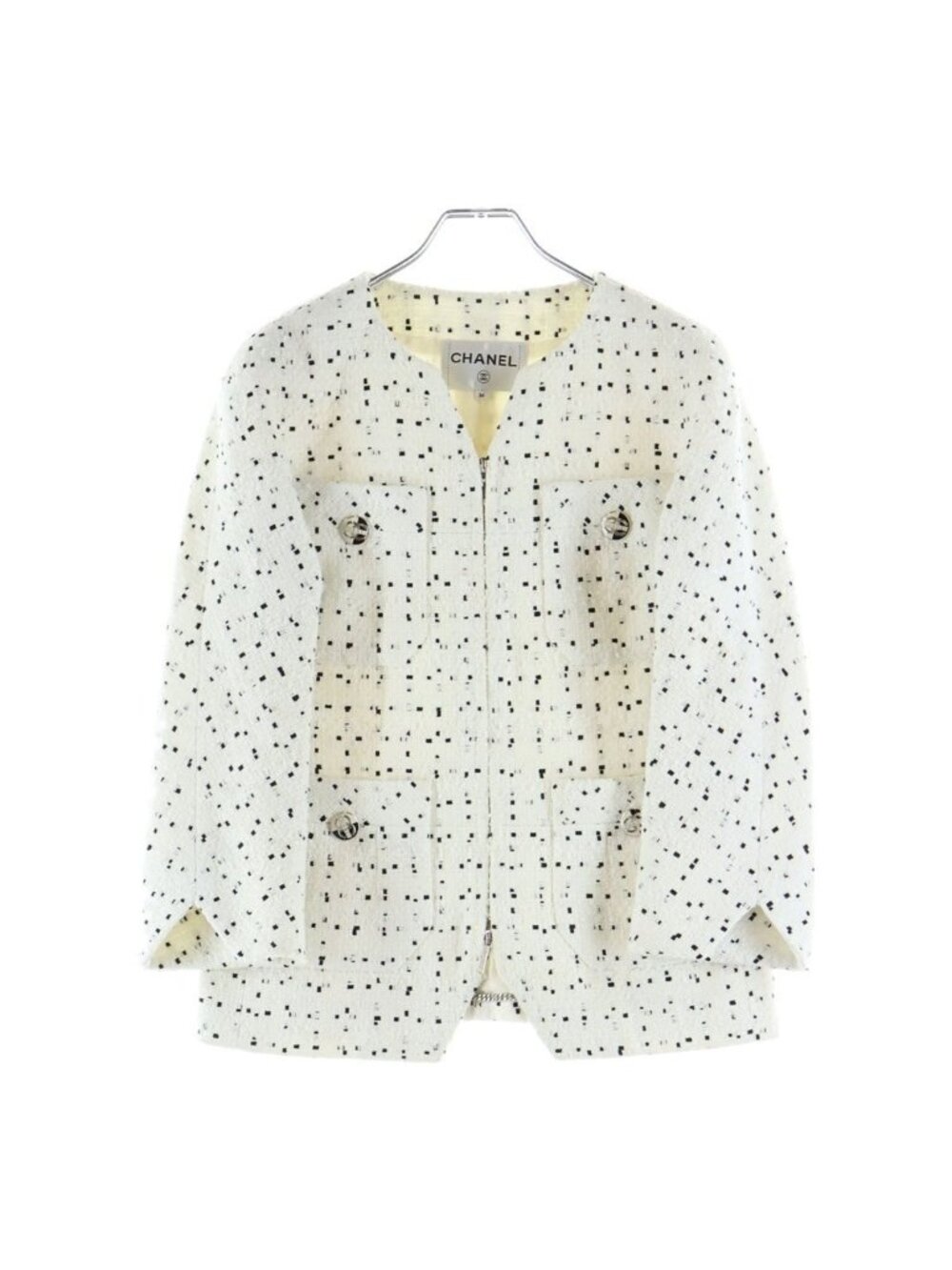 Chanel CC Logo Button Tweed Collarless Zip Up Jacket White